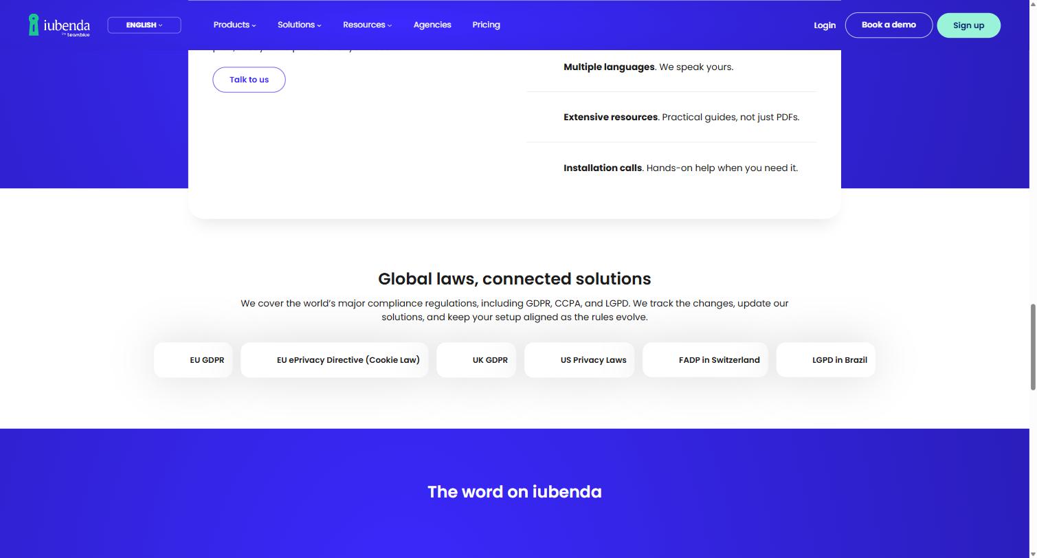 Captura de iubenda: leyes que cubre (EU GDPR, ePrivacy, UK GDPR, US Privacy Laws, FADP Suiza, LGPD Brasil); sin México