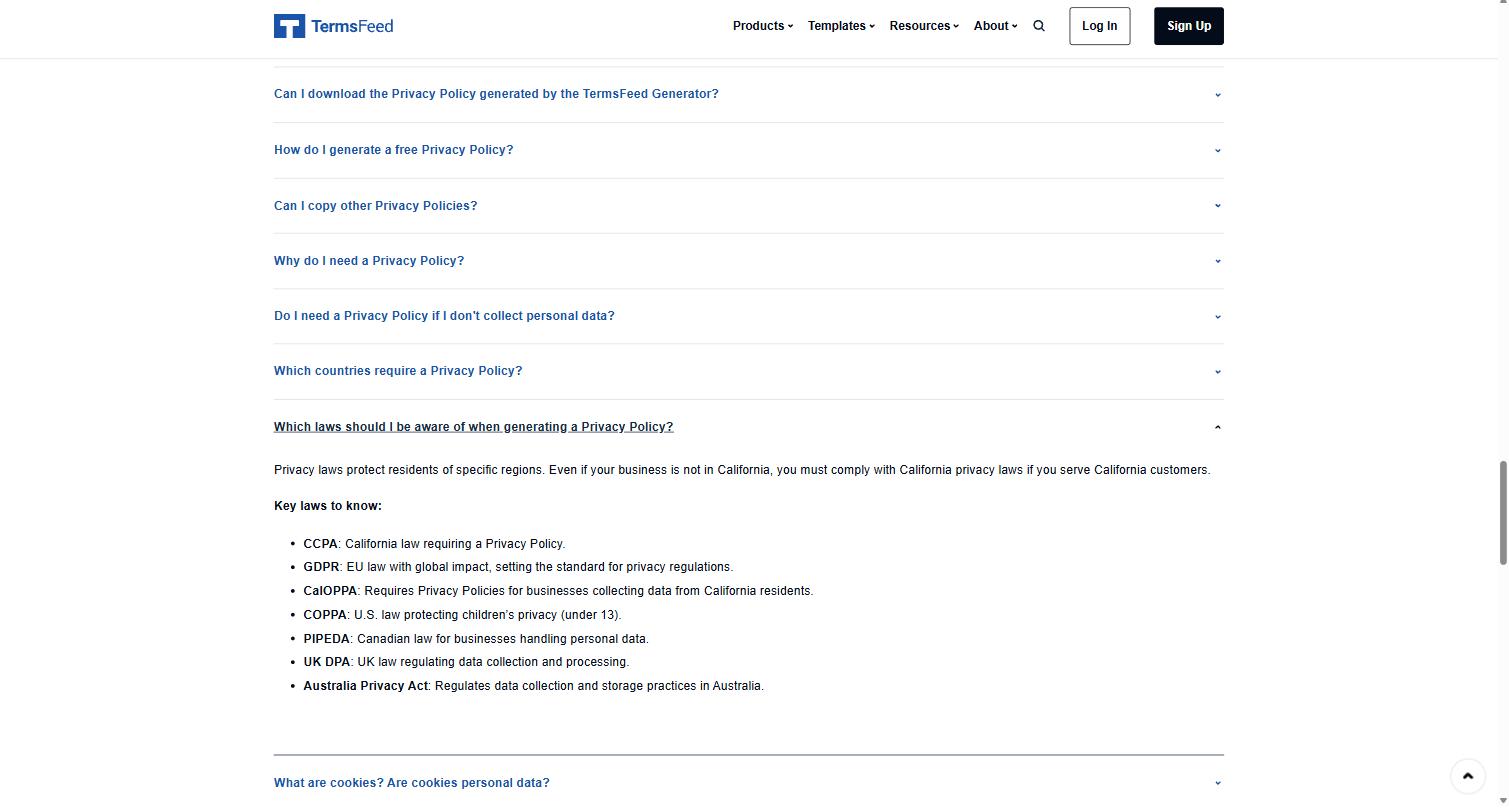 Captura de TermsFeed: lista de leyes que cubre (CCPA, GDPR, CalOPPA, COPPA, PIPEDA, UK DPA, Australia); sin México