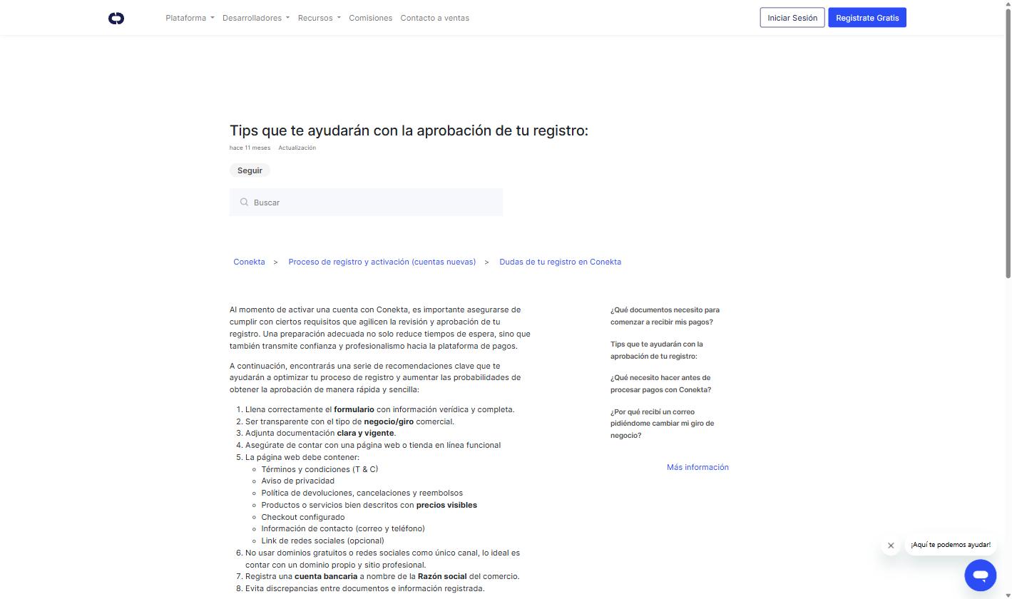 Captura del artículo de ayuda de Conekta con los tres documentos requeridos